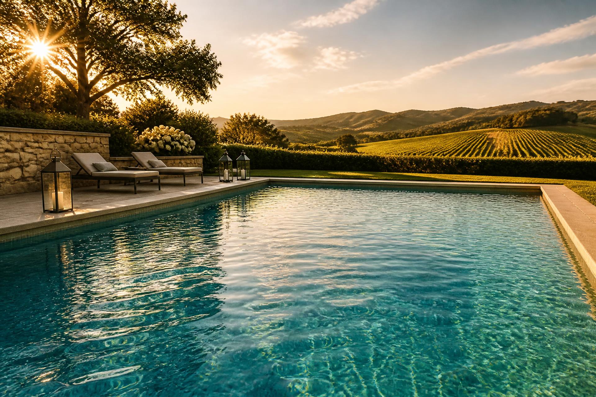 Sparkling turquoise backyard pool at golden hour with Napa vineyard hills in the background